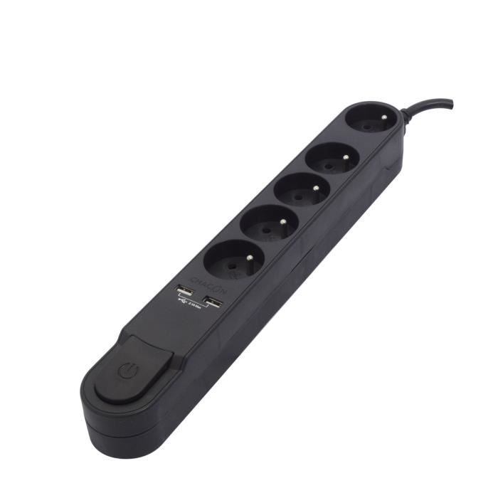 CHACON Bloc multiprise 5 prises 16 A avec interrupteur, 2 ports USB et câble 3 m HO5VV-F 3x1,5 mm² noir