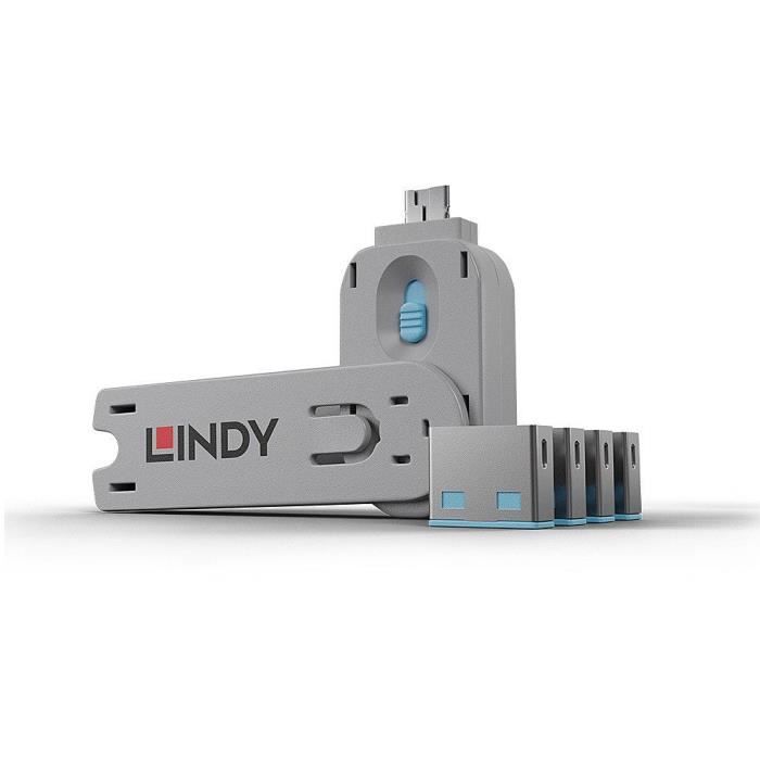 LINDY Clé USB et 4 bloqueurs de ports USB - Bleu