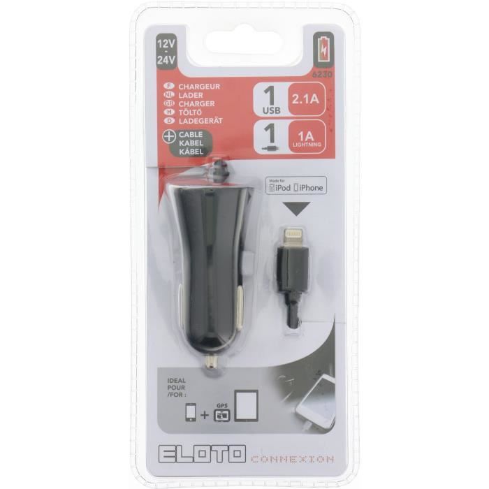 ELOTO CONNEXION Chargeur Allume cigare 12V/24V pour Iphone - USB 2,1A + Cable