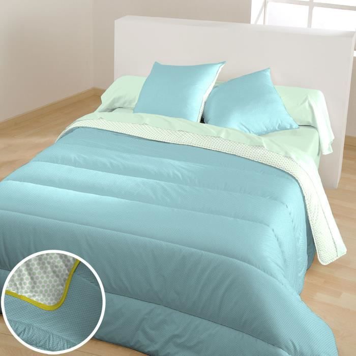 BLEU CALIN Couette faux uni JANA Aqua / ADRIAL Céladon - Biais contrasté - 220x240cm