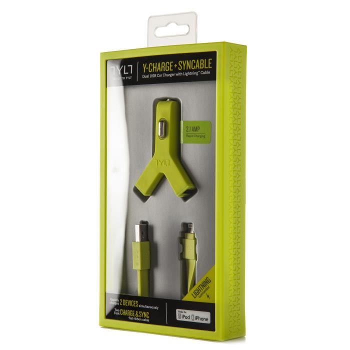 TYLT Chargeur de voiture double prise USB 2.1A + câble plat connexion USB et sortie - pour appareils Apple - 60cm - Vert