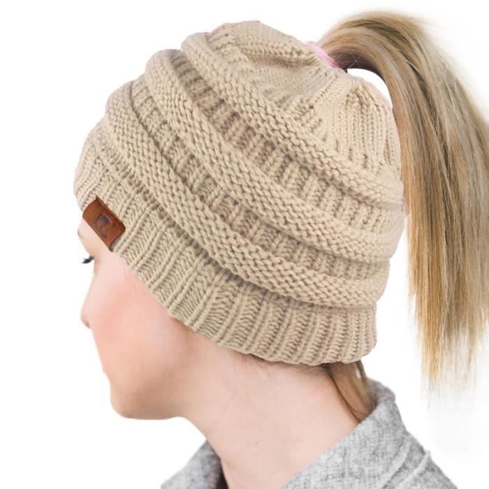 Bonnet Femme Hiver Tricot avec Trou pour Queue de Cheval Beanie Chapeau