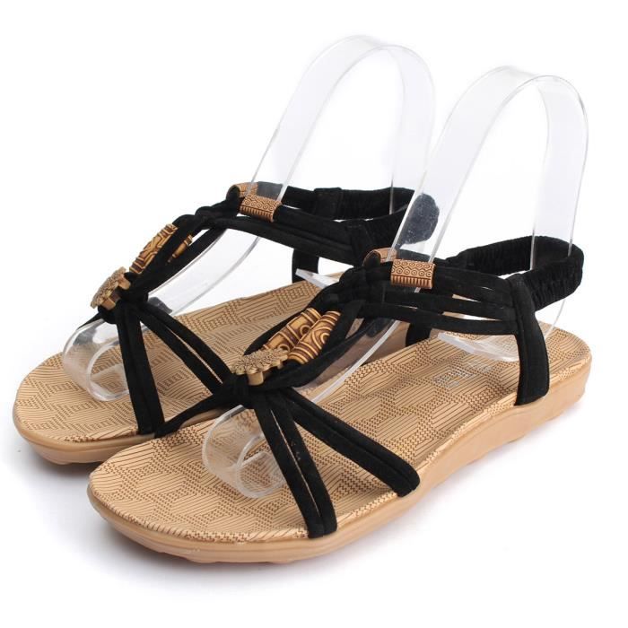 Elastique Lanière Eté Plage blanc Sandales Chaussures Femme Plat Talon Noir BxnfwF0qE