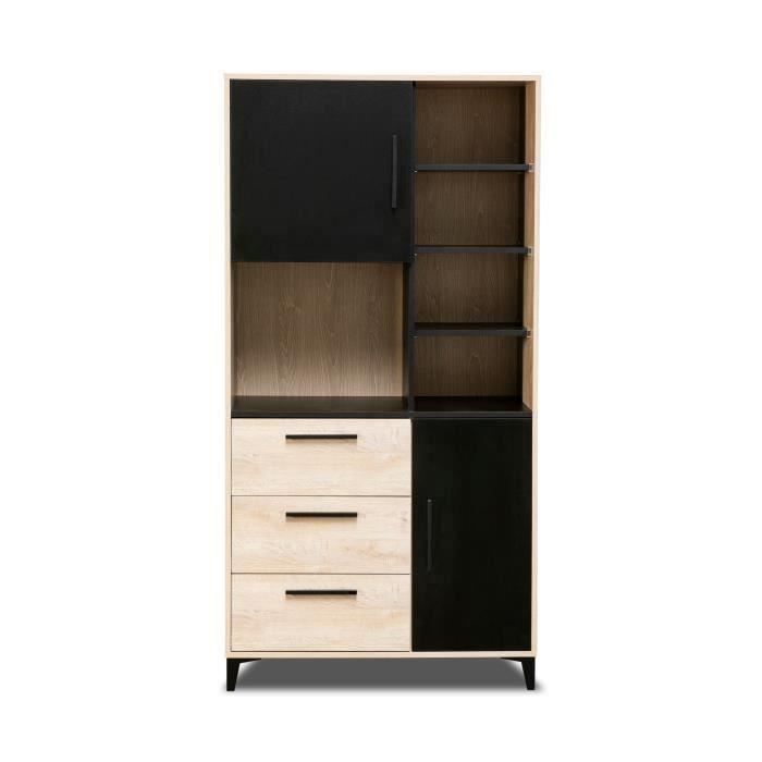 Produit shopeco.fr : BLACKPOOL Buffet de cuisine 2 portes 3 tiroirs - Décor chêne et noir - L 90 x P 40 x H 178 cm