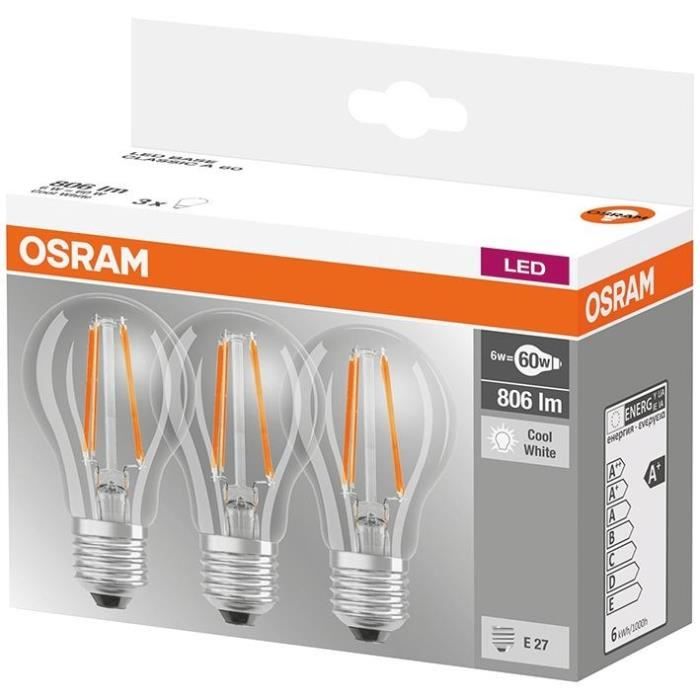 OSRAM Lot de 3 Ampoules LED E27 standard claire 65 W equivalent a 60 W blanc froid