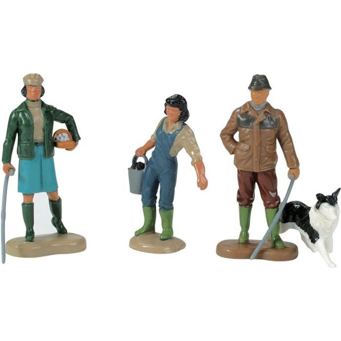 Lot de 4 figurines en plastique 2 fermieres fermier chien