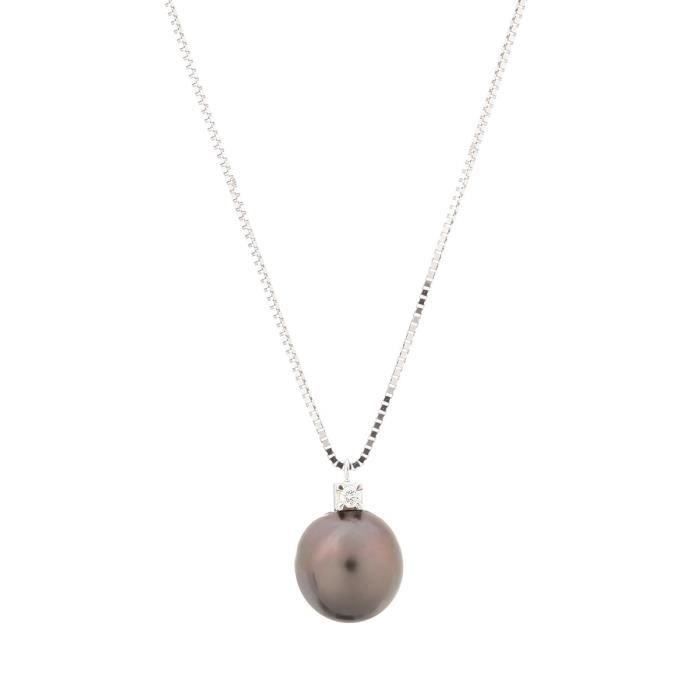 PERLINEA Collier avec Pendentif Or Blanc 375° Perle de Tahiti et Diamant Femme