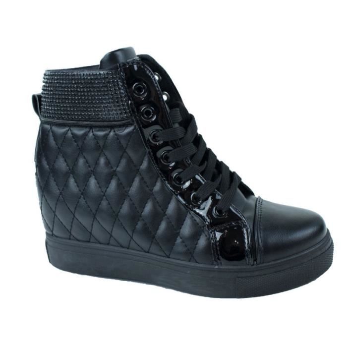 Compensées Noires Avec Matelassé Pu Femme Noirs Baskets Strass Effet OzRdwgOWq