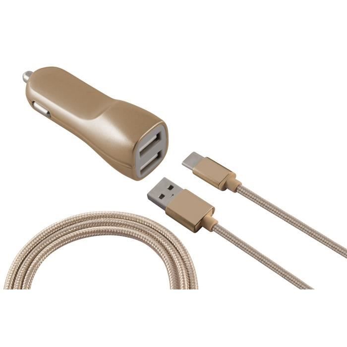 KSIX Chargeur Allume-cigare Métal 2 Ports USB 2,1 A avec Câble USB-Micro USB Métallique Gold