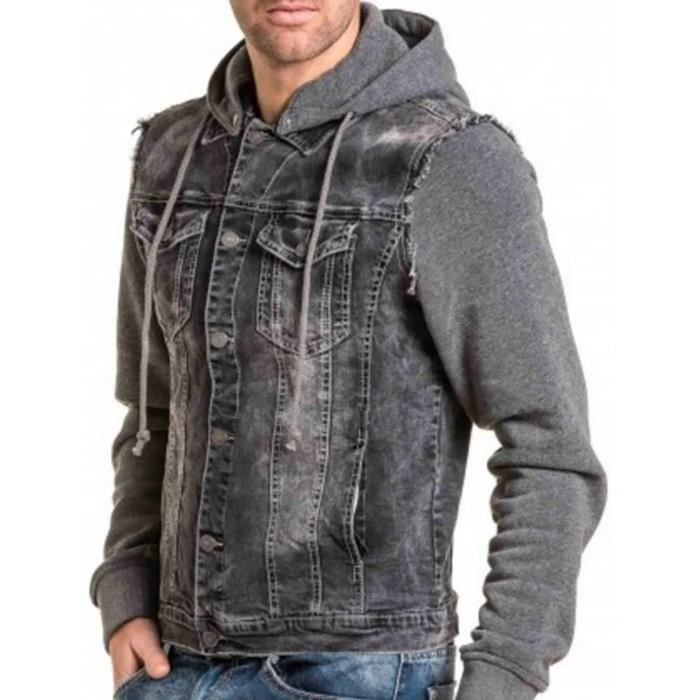 Veste jean à capuche hommes couleur gris noir Gris Gris ...