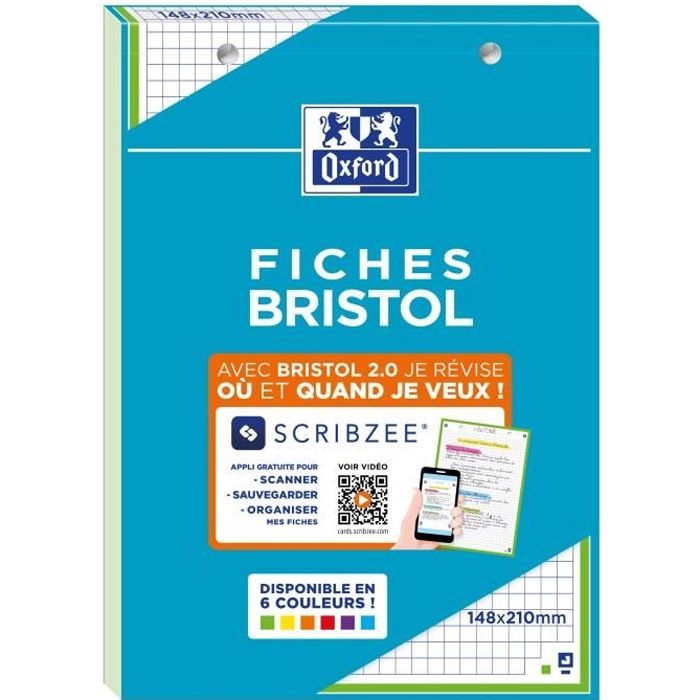 OXFORD Bloc fiche bristol 2.0 perforé - 14,8 x 21 cm - 30 fiches - 210g - 5x5 - Vert