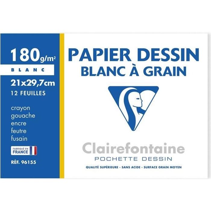 CLAIREFONTAINE - Pochette dessin - Papier a grain P.E.F.C - 21 x 29,7 - 12 feuilles - 180G - Couleur blanche