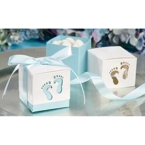 10 boites a dragees bapteme pieds de bebe bleu