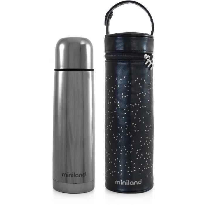 MINILAND - Deluxe thermos silver exclusif pour liquides de 500ml avec effet chromé et sac isotherme prémium, un pack de luxe