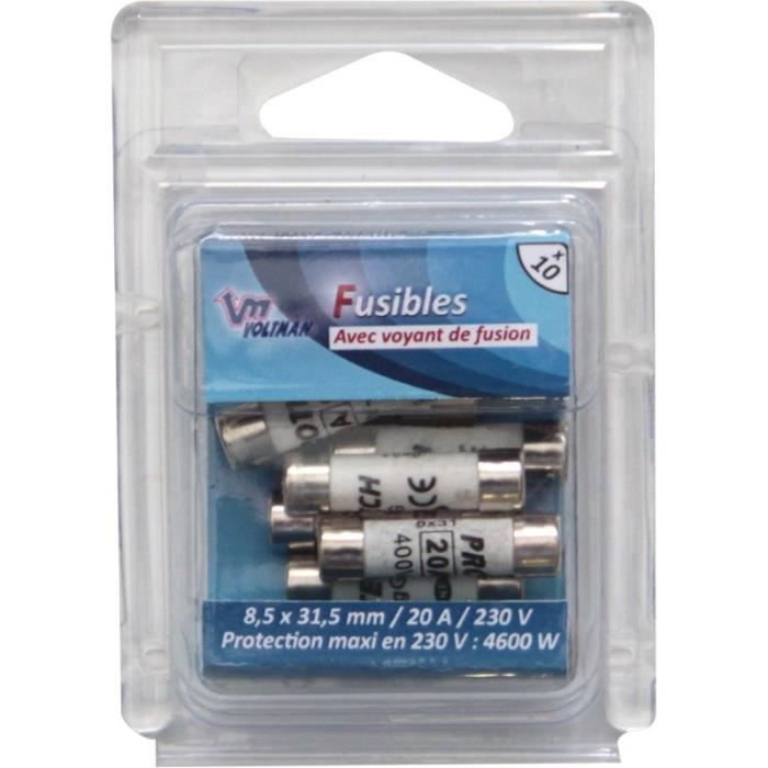 VOLTMAN Pack 10 Fusibles avec voyant de fusion 8,5 x 31,5 mm - 20 A - 230 V