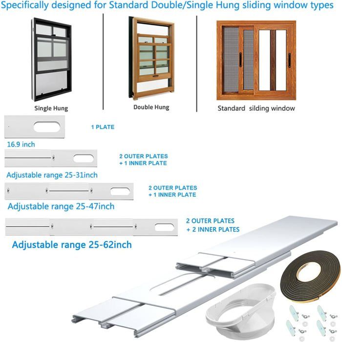 Schéma technique montrant les configurations de fenêtres coulissantes compatibles avec le kit, avec indications de dimensions et vue en perspective du kit assemblé comprenant panneaux, anneau, bande adhésive et vis.