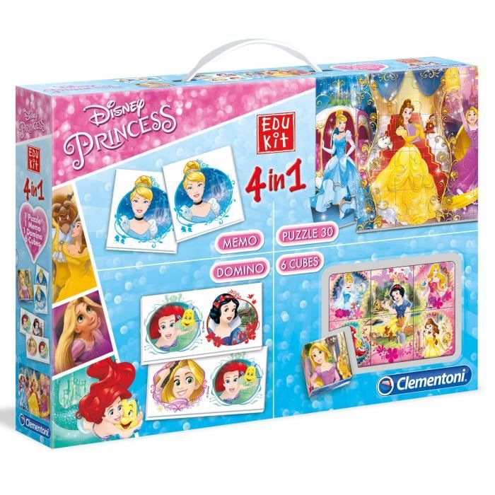 CLEMENTONI Disney Princesses Edukit 4 en 1 Memo Loto Puzzle et Cubes