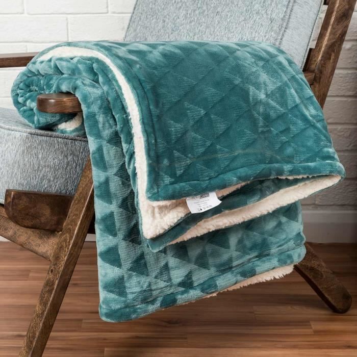 plaid ou jete de lit polaire sherpa bleu canard