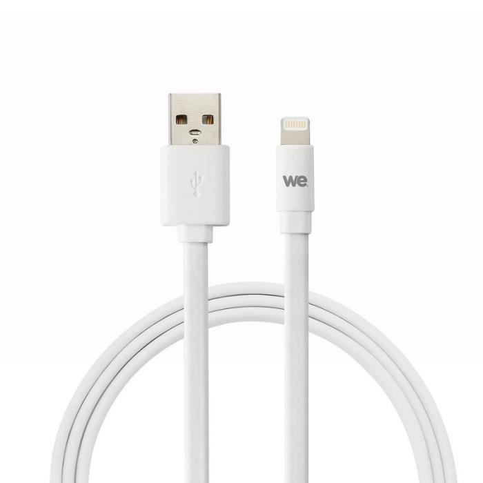 WE Câble USB Apple plat - 2 mètres - Blanc - Silicone