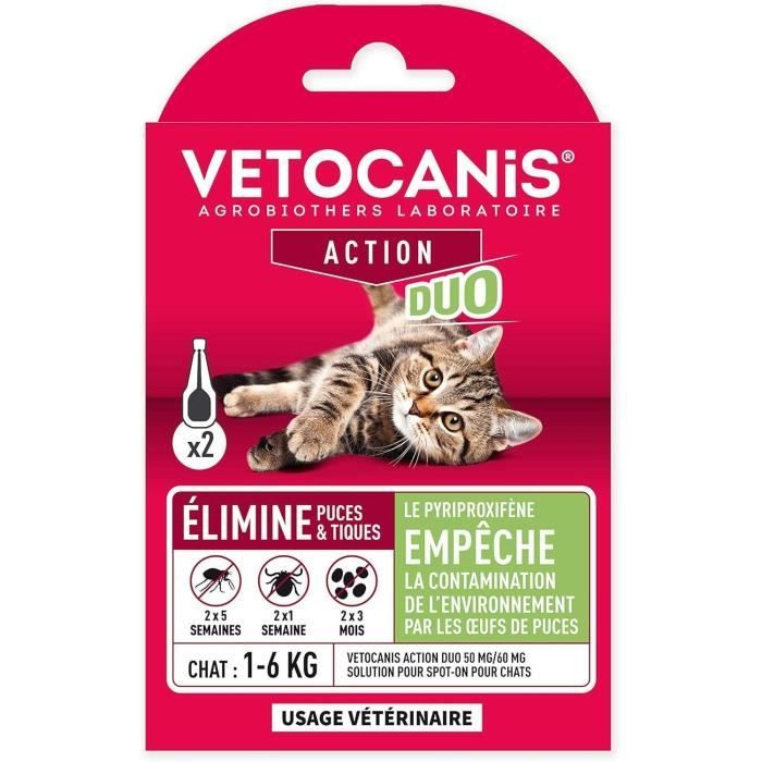 VETOCANIS Pipettes Anti-puces et anti-tiques Duo - 2 pipettes pour 5 semaines de protection - Pour chat