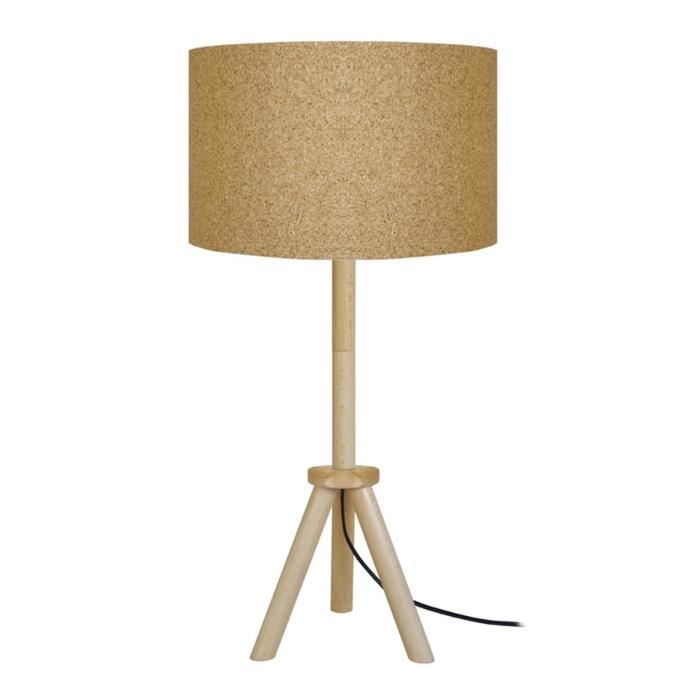 TRIDENT Lampe trepied en bois, hauteur 62 cm, abat-jour. Liége naturel