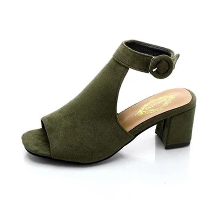 Chaussures Peu Femme Sandale Ouvert noir Talons Bout Hauts Profondes Minetom marron Eté À Suède Bouche Sandales Vert qOdpFfwX