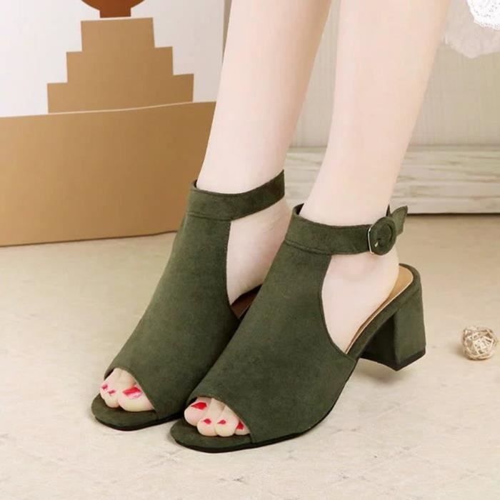 Chaussures Peu Femme Sandale Ouvert noir Talons Bout Hauts Profondes Minetom marron Eté À Suède Bouche Sandales Vert qOdpFfwX