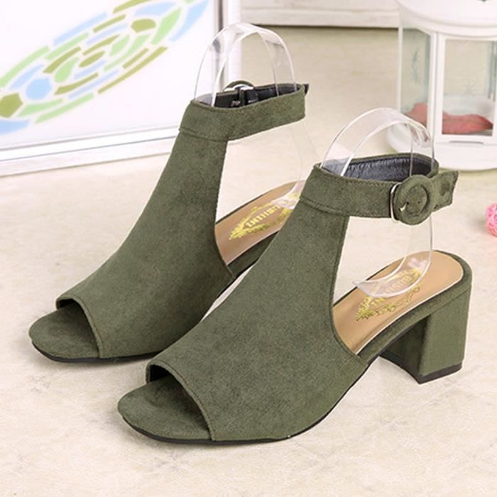 Chaussures Peu Femme Sandale Ouvert noir Talons Bout Hauts Profondes Minetom marron Eté À Suède Bouche Sandales Vert qOdpFfwX