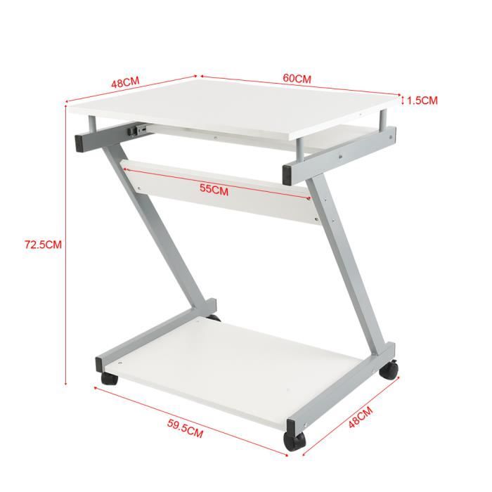 BUREAU ORDINATEUR MOBILE BLANC - 60*48*72CM3