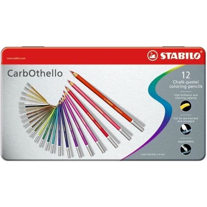 STABILO CarbOthello - Boîte métal - lot de 12 crayons de couleur fusain pastel