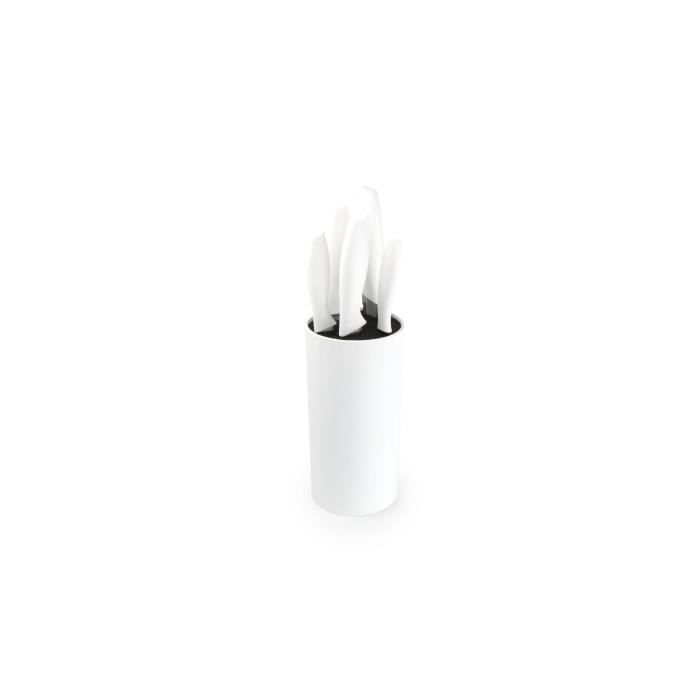 YONG Bloc à couteau rond + 5 couteaux cuisine - Inox - Manche plastique blanc