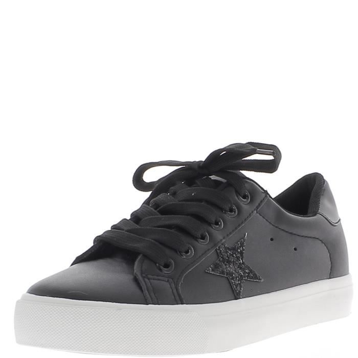 Baskets ville femme noires aspect cuir brillant avec ...