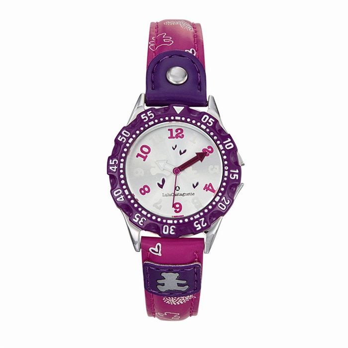 Montre en métal sur bracelet en cuir rose. Cadran argenté doté d