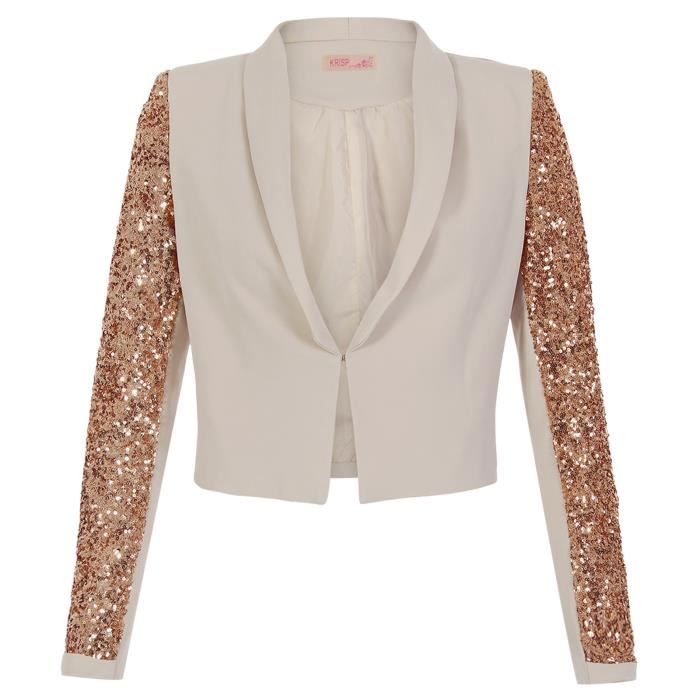 Femme Veste Blazer Court Paillet... Beige Beige - Achat ...