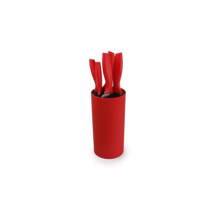 YONG Bloc à couteau rond + 5 couteaux cuisine - Inox - Manche plastique rouge