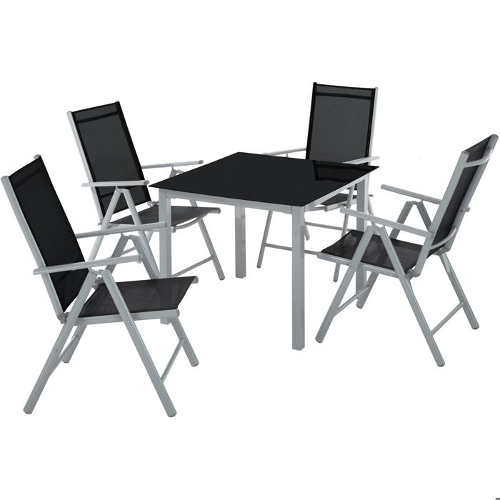 Tectake Noir Avec Clair Gris Pliantes 1 Verre 4 Salon Aluminium Chaises Jardin Et Table De En SMVpUzqG