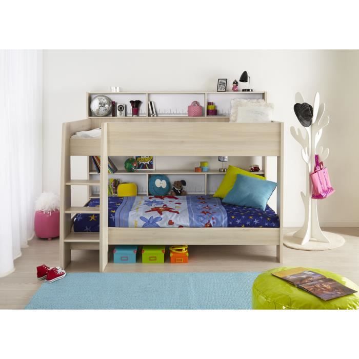 JIM Lit superposé enfant contemporain décor acacia - Sommiers inclus - l 90 x L 200 cm