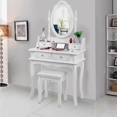 Coiffeuse Blanche A 4 Tiroirs Avec 2 Separateurs Miroir Et Tabouret