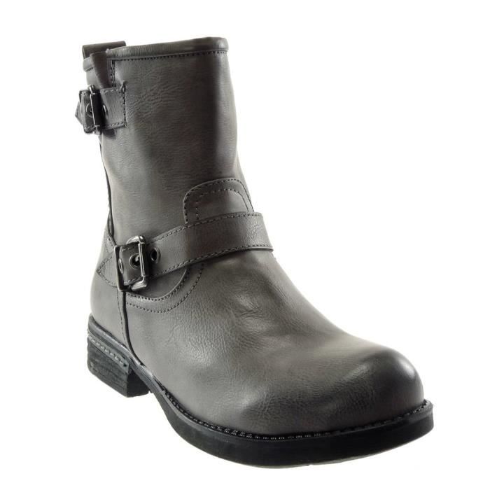 Femme Gris Mode T Botte Motard Bottine Légèrement Angkorly Intérieur 3 Lanière Bloc Talon Chaussure C381 Boucle Fourrée Cm ZfFTX