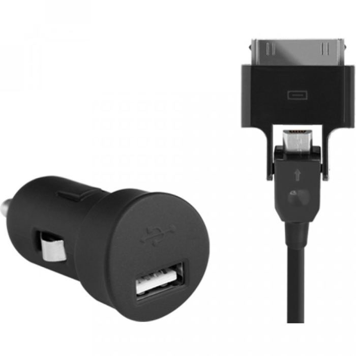 BLUEWAY Chargeur allume-cigare - 1 port USB avec câble micro USB et Iphone - Noir