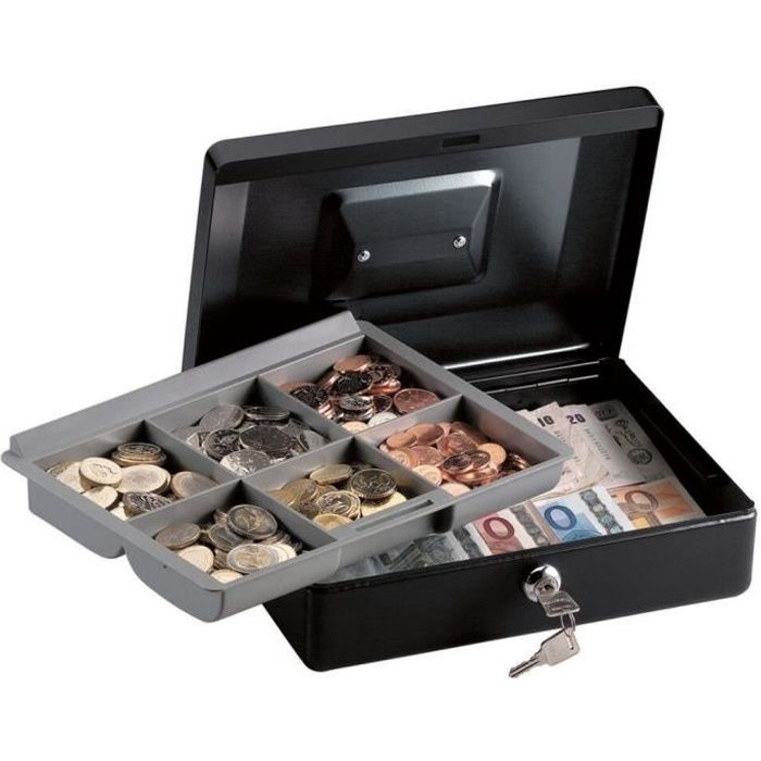Caisse Monnaie H&S En Acier Noir Avec Serrure - Boîte à Pièces Compartimentée, Petit Coffre Fort Avec 2 Clés