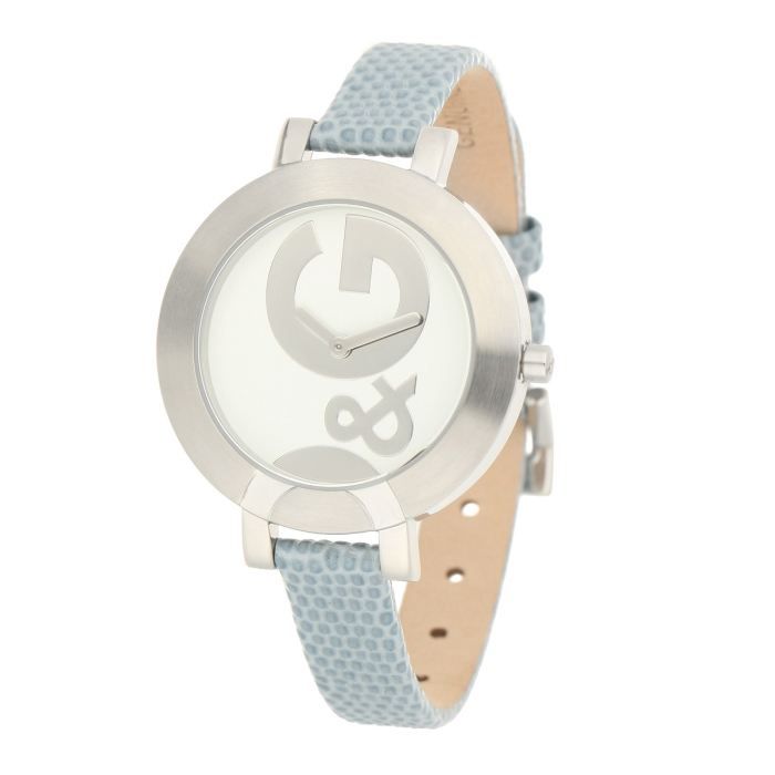 Montre en acier inoxydable sur bracelet en cuir bleu. Cadran blanc