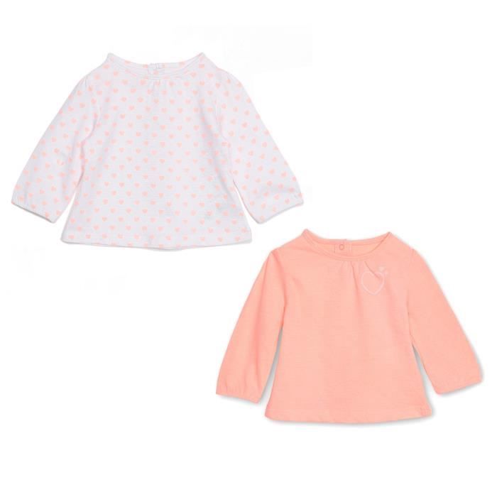BEBE REVE Lot de 2 tee-shirts - Jersey - Rose et blanc - Bébé fille