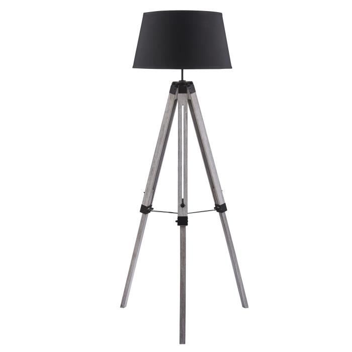 NATURE Lampadaire trépied en bois gris - Ø65 x H.144 cm - Abat jour Noir - E27 40W