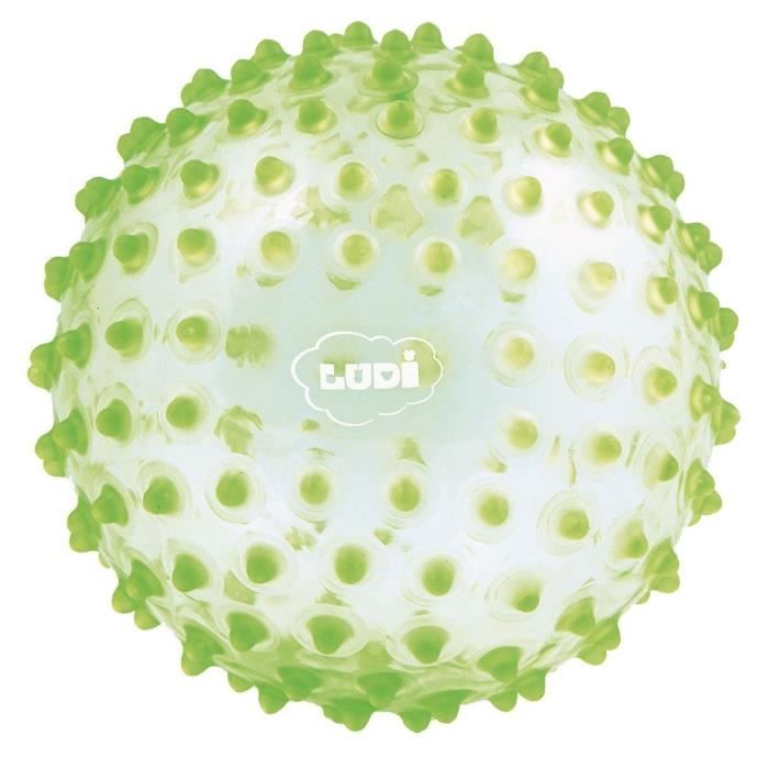 LUDI Balle Sensorielle Vert de jeu ou de massage, Gros picots tendre faciles à mordiller,pour l'éveil de bébé Adaptée aux enfants dès 6 mois- Diamètre 20 cm - réf. 2795VE
