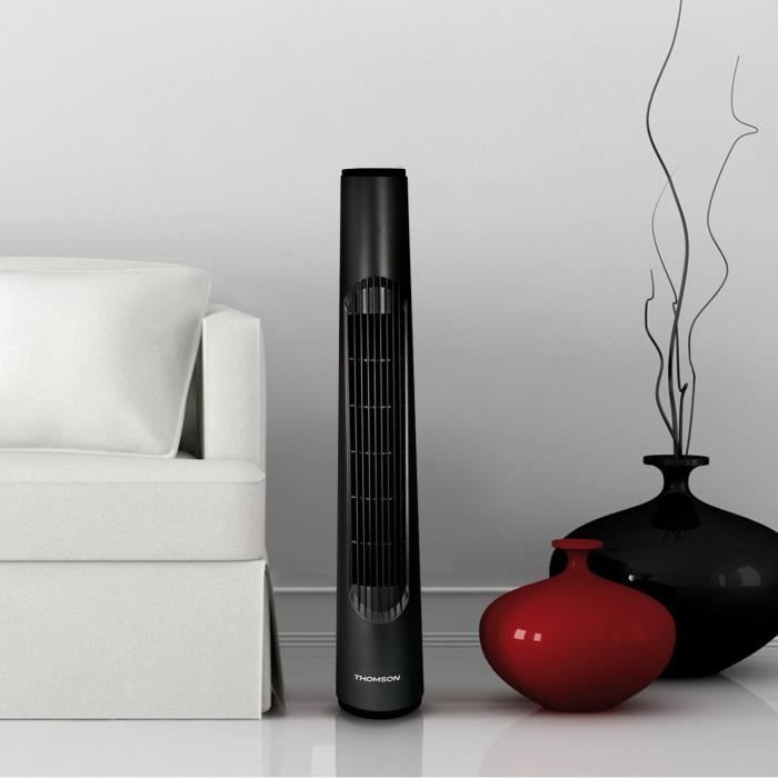 THOMSON Ventilateur colonne - hauteur 80 cm - 3 vitesses - Oscillant sur angle - Rangement du câble dans la base - Noir
