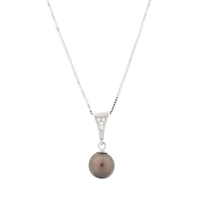 PERLINEA Collier Or Blanc 375° Diamants et Perle de Tahiti Femme
