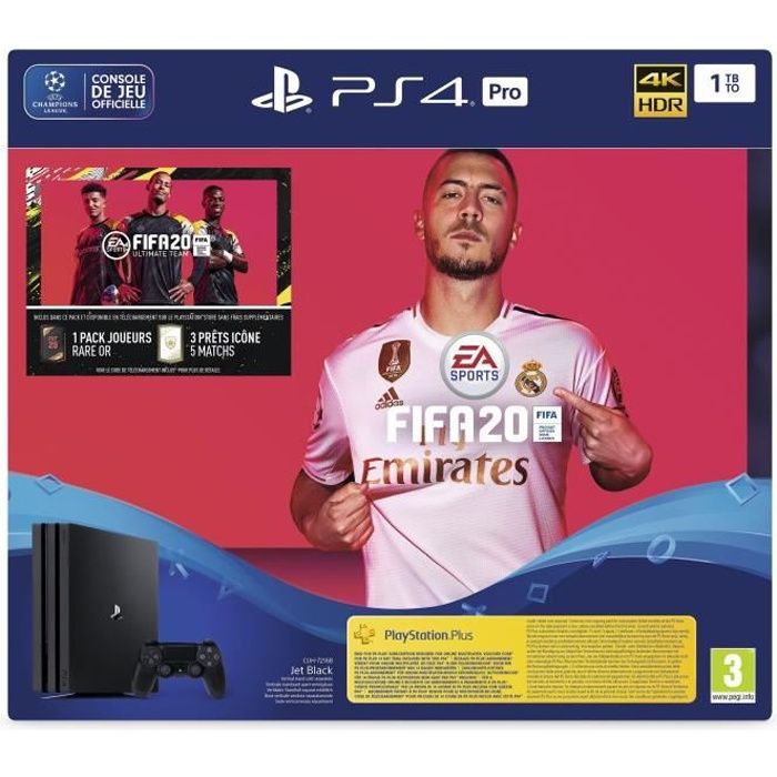 Console PS4 Pro 1To Noire + FIFA 20 Jeu PS4 + PS Plus Voucher 14 Jours