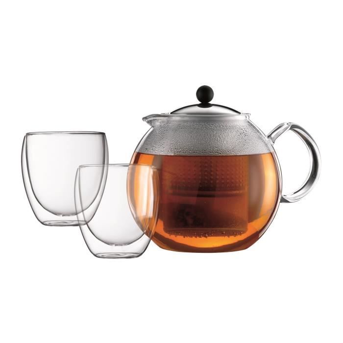 BODUM ASSAM SET Théière à piston - 1,5 L - Avec 2 verres double paroi Pavina 0,25 l