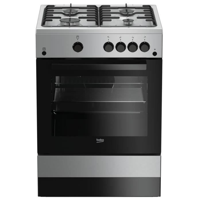 BEKO CUG60S - Cuisinière table gaz 4 foyers - 2,9KW - Four gaz - Nettoyage manuel - 73L - Larg 60cm x Haut 85cm - Coloris Silver